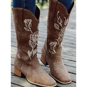 Women's Rose Embroidered Western Cowgirl Boots, Retro Square Chunky Heel size 9